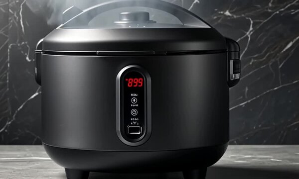Simple rice cooker on black matte marble table