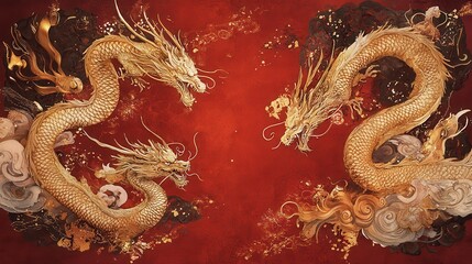 Fototapeta premium An ornate Chinese screen featuring gold dragons and phoenixes, with a rich red background and ample space to add a New Year greeting.