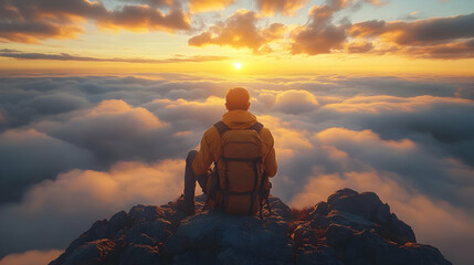 Obraz premium Man on Top of Mountain at Sunset - Realistic Image