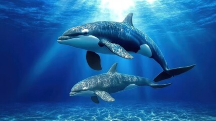 Fototapeta premium Orca family gliding through arctic waters, majestic and serene, representing the strong bonds of marine wildlife