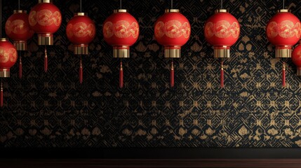 Traditional Chinese New Year decorations with a wall of red lanterns and patterns in gold and black, with ample room for text overlay.