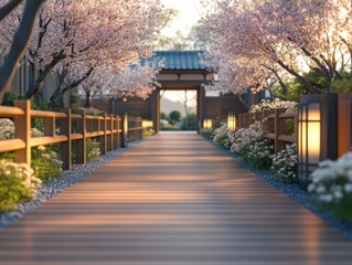 Obraz premium Peaceful Spring Morning in Japan Wooden Pathway Through Cherry Blossoms, Elegant Japanese Garden, Tranquil Landscape, Serene Atmosphere, Scenic Beauty, Beautiful Flowers, Nature Photography