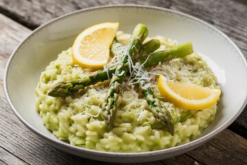 A photo of a creamy, vibrant green risotto with fresh asparagus spears, grated cheese, and zesty lemon slices