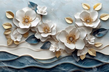 3D wallpaper with white and gold flowers, waves, and ribbons
