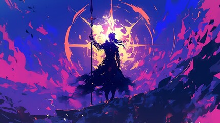 Obraz premium silhouette of villain holding spear in standing pose, colorful anime style