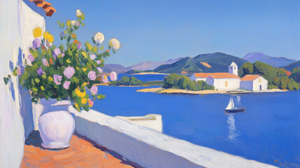 Obraz premium Mediterranean Coastal View with Flowers and Sailboat