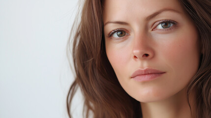 Obraz premium Similar woman 35 years old, same precious makeup, brown hair, white background