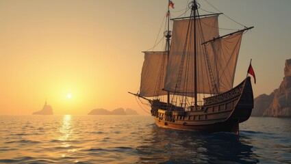 Obraz premium Sailing at Sunset - A Vintage Ship Navigates the Open Ocean