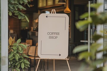 a blank welcome sign at the entrance of a coffee shop