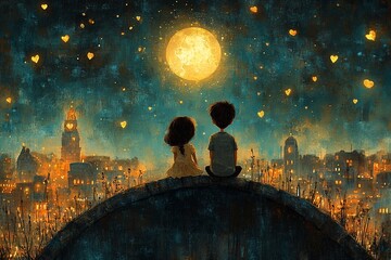 A boy and a girl are sitting on the roof, looking at the stars. The moon shines brightly above their heads, casting a soft glow on them as they gaze curiously into each other's eyes. 