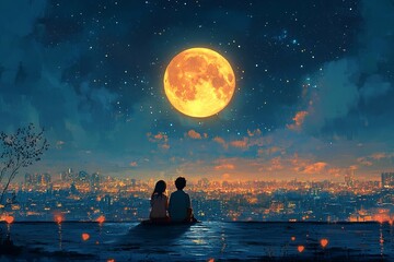 A boy and a girl are sitting on the roof, looking at the stars. The moon shines brightly above their heads, casting a soft glow on them as they gaze curiously into each other's eyes. 