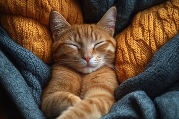 
A cat sleeping in a box surrounded by soft pillows.