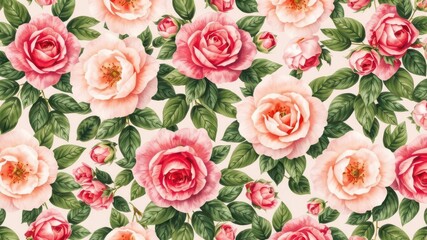 Naklejka premium Seamless floral pattern featuring blooming roses and lush green leaves, spring, texture