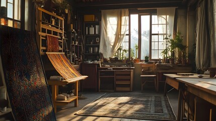 Fototapeta premium Vibrant Handwoven Textile Workshop with Rustic Wooden Furnishings and Warm Natural Lighting