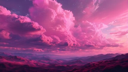 Fototapeta premium Beautiful pink and magenta clouds in the sky with a vibrant landscape, featuring gentle colors and bright lighting.