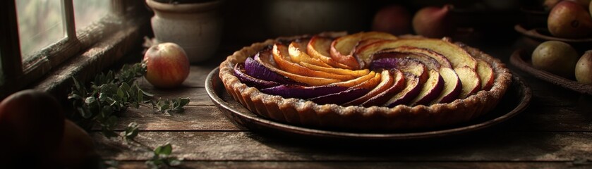 Fototapeta premium Rustic Apple Tart with Roasted Vegetables, A Simple and Delicious Fall Dessert Recipe Easy Homemade Pie Crust Soft Light Photography Autumn Flavors Seasonal Baking Sweet and Savory Tart Foodie