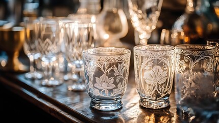 Ornate Hand Etched Glassware With Floral Motifs in Artisanal Workshop Setting