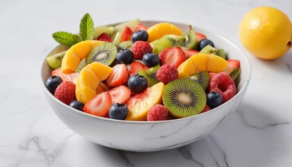 Summer fresh fruit salad in a bowl on white marble background.