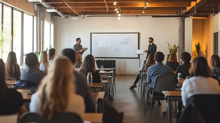 Fototapeta premium Diverse Business Coaching Workshop in Modern Conference Room with Interactive Whiteboard