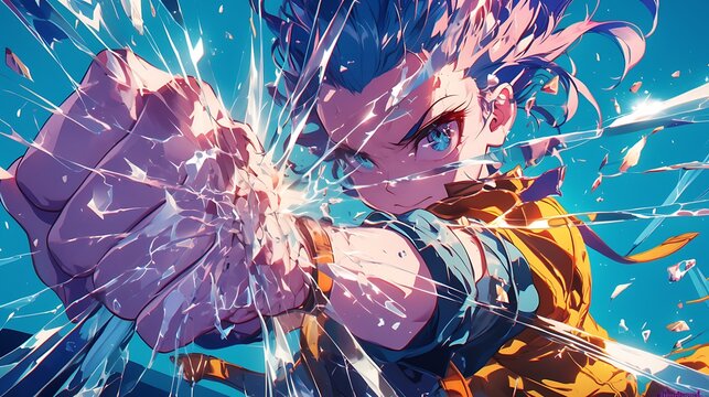 anime woman with her strong fists, colorful anime style