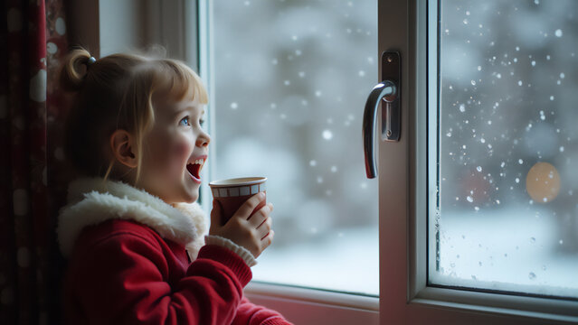 Kind mit Trinkbecher in der Hand steht am Fenster und staunt &uuml;ber die ersten Schneeflocken und die wei&szlig;e Winterlandschaft