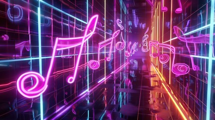 Obraz premium Neon musical notes floating in a futuristic corridor, illustrating the connection between music and technology.