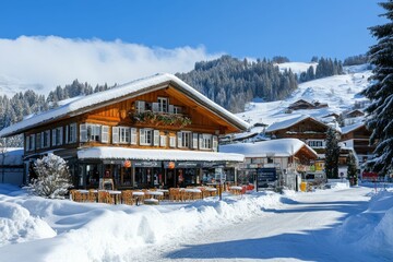 Fototapeta premium Snowy alpine village with a restaurant and snow covered road.