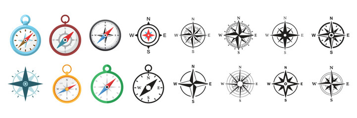 Compass icon set collection in flat style. Navigation equipment vector illustration on isolated background. Geographical position sign business concept. © Lysenko.A