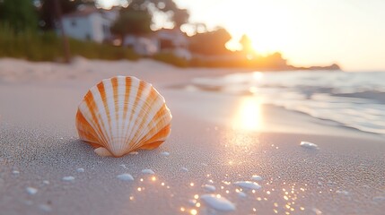 A seashell rests on a sandy beach at sunset, with the ocean and a blurry shoreline in the background.