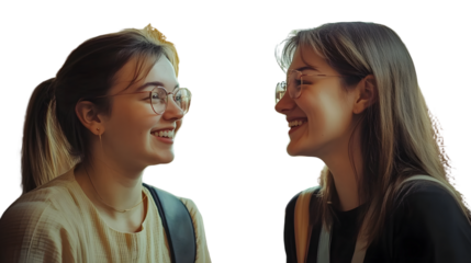Two women smiling and talking