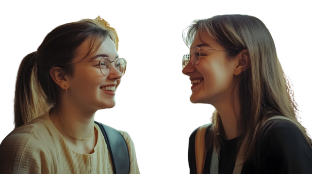 Two women smiling and talking