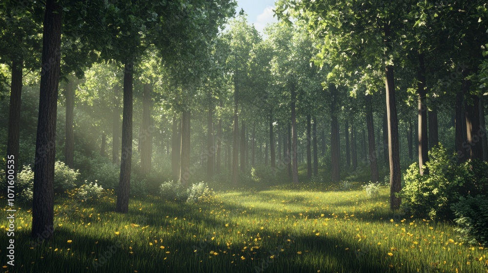 Poster a forest with a field of grass in the foreground