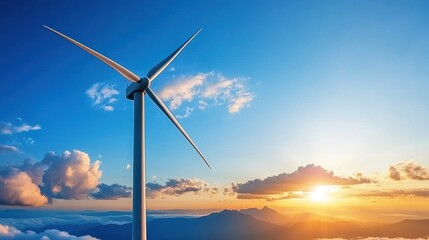 Obraz premium Wind turbine on hilltop, vast landscape, sunset glow