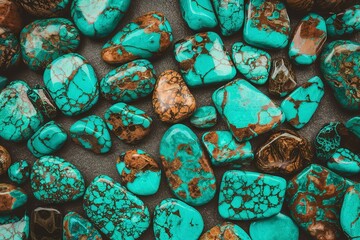 A photo of a collection of turquoise-colored stones with intricate patterns of brown and black veins