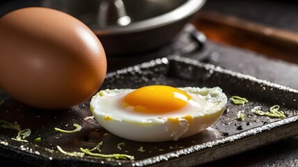 Delicious sunny side up egg on black tray, healthy poultry fried eggs yolk meal on breakfast kitchen