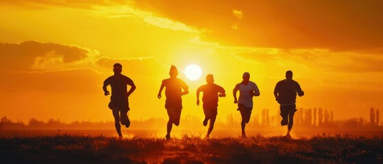 team silhouettes marathon speed under sunset exercise fit race training for victory