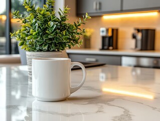 Obraz premium Sleek White Quartz Countertop with Contemporary Workspace, Laptop and Designer Mug, Modern Kitchen Design Inspiration