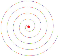 thin spiral with colored line wrapping toward the center represented by a red circle