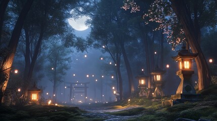 日本の祭りの後の夜の森