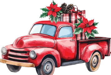 Christmas red truck with Poinsettia flower bouquet, pine cone, holly leaves, Buffalo Plaid bow ribbon. Farmhouse vintage car, Winter rustic truck, Watercolor Xmas truck,pickup truck