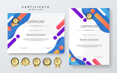 Fototapeta premium Modern Geometric Certificate Template With Award Badges. Professional certificate template featuring modern geometric design with abstract shapes