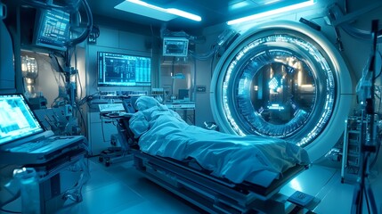 Quantum Processor in Sleek Futuristic Laboratory with Holographic Data Flow and Blue Ambient Lighting