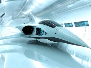 Cutting Edge Supersonic Aircraft Prototype in Futuristic Engineering Research Facility