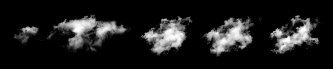Fototapeta premium white fluffy cloud isolated black background. concept effect design smoke fog, mist overlay on Sky Summer, smog cloudy cutout. abstract cloud. grey dark storm condensation 