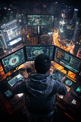 Obraz premium A data analyst working late at night in a high-tech control room overlooking a bustling city skyline filled with lights