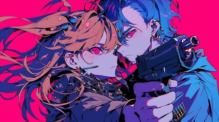two hitmen with guns, colorful anime style