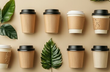 An array of eco-friendly paper cups with various textures and designs on a neutral background, highlighting sustainability and environmental consciousness in modern packaging