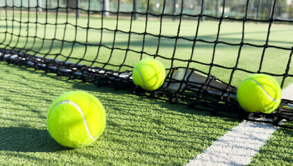  paddle tennis balls next to the net of a paddle tennis court