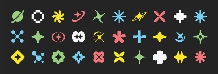 Trendy geometric shape elements. Colorful, Groovy, modern, brutalism. Y2k retro style.