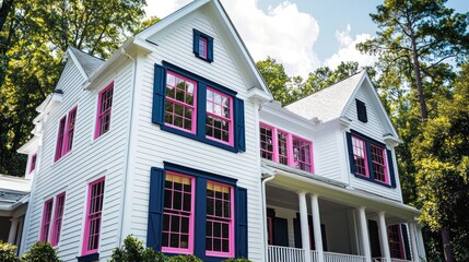 Obraz premium White Georgian home, navy trim, pink windows in sunny suburban Georgia.